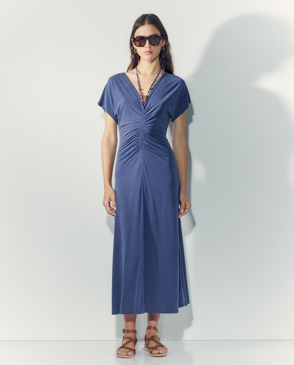 Vestido midi de manga curta Azul-marinho-1
