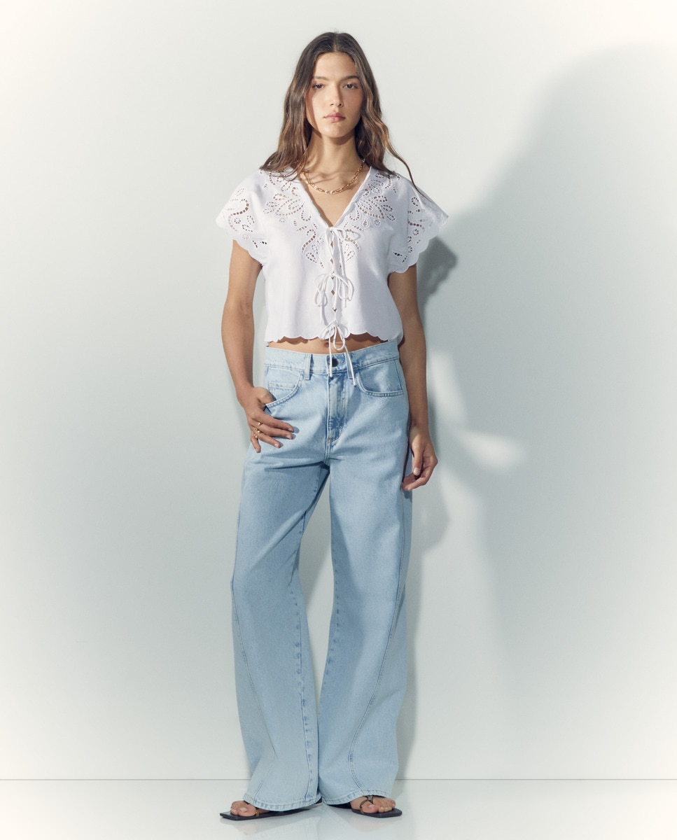 Blusa de Manga Curta com Bordados Branco-marfim-2