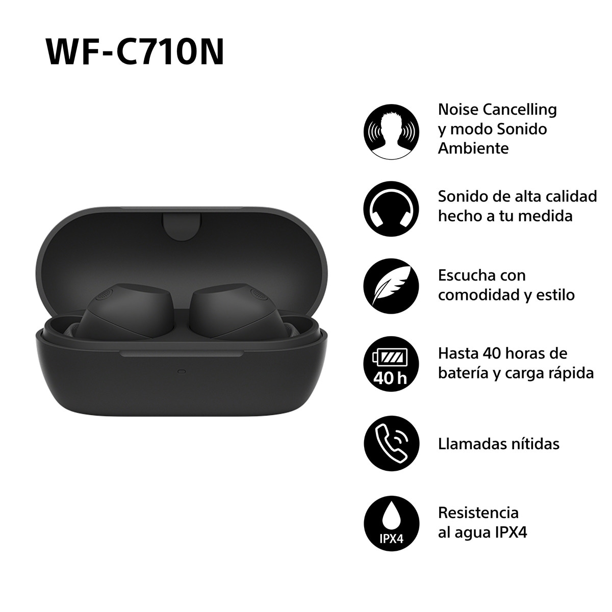 Sony WF-C710N Auriculares Inalámbricos, Cancelación de ruido, táctiles, Multipunto, IPX4, 40h. de batería, iOS, Android y PC Negro-3