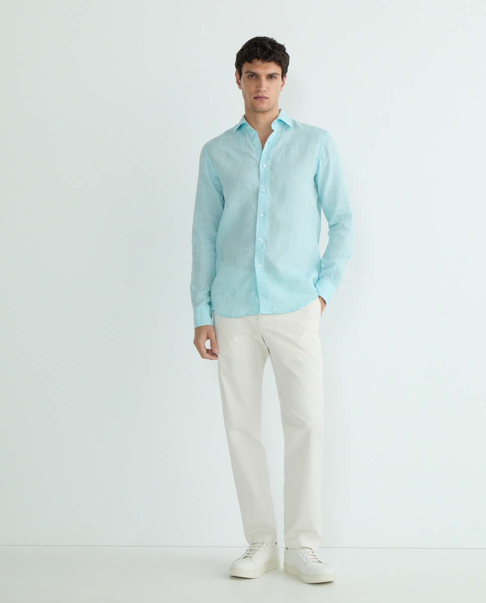 Camisa Casual com Manga Comprida e em Linho Verde Água-2