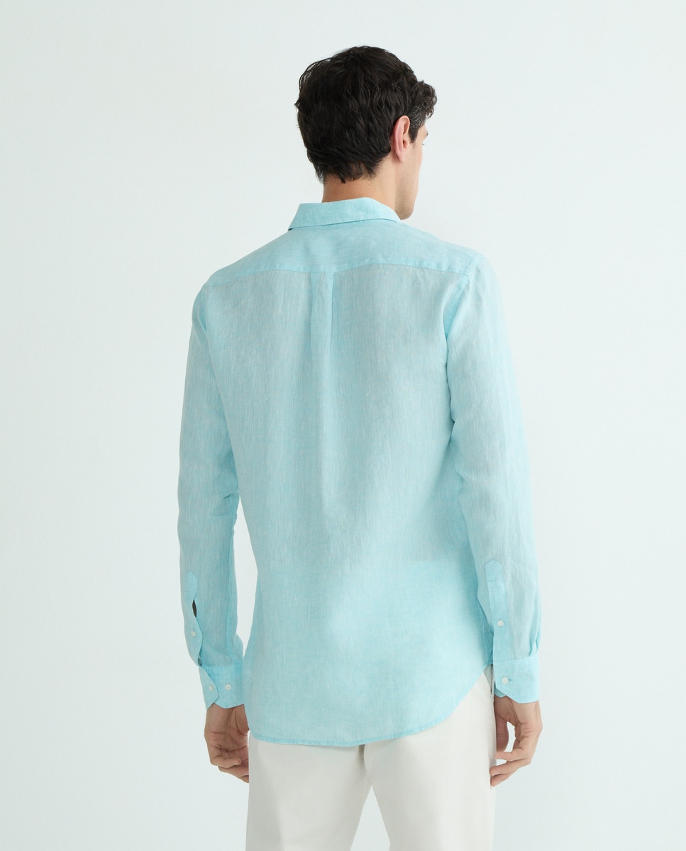 Camisa Casual com Manga Comprida e em Linho Verde Água-3