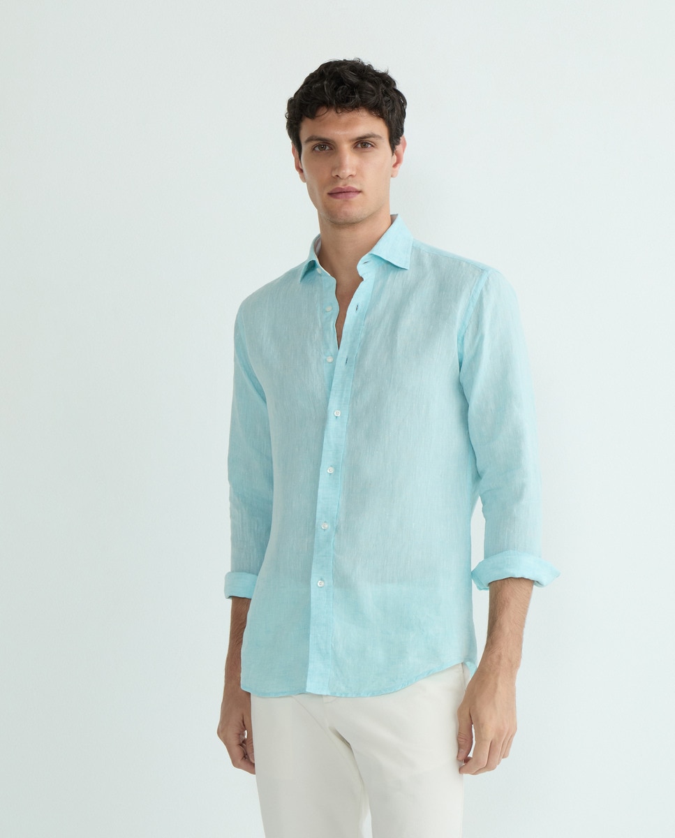 Camisa Casual com Manga Comprida e em Linho Verde Água-1