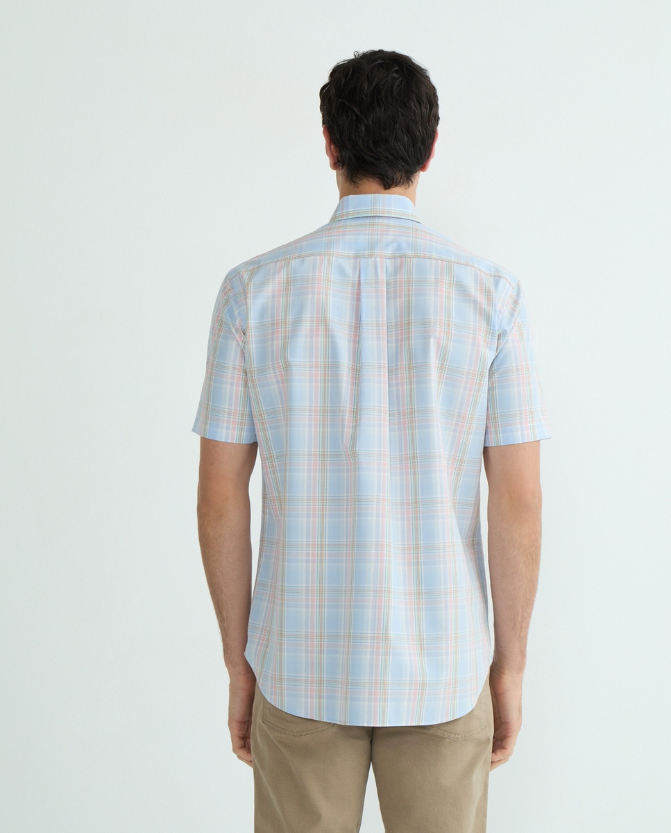 Camisa Casual de Manga Curta e aos Quadrados Azul-claro-3