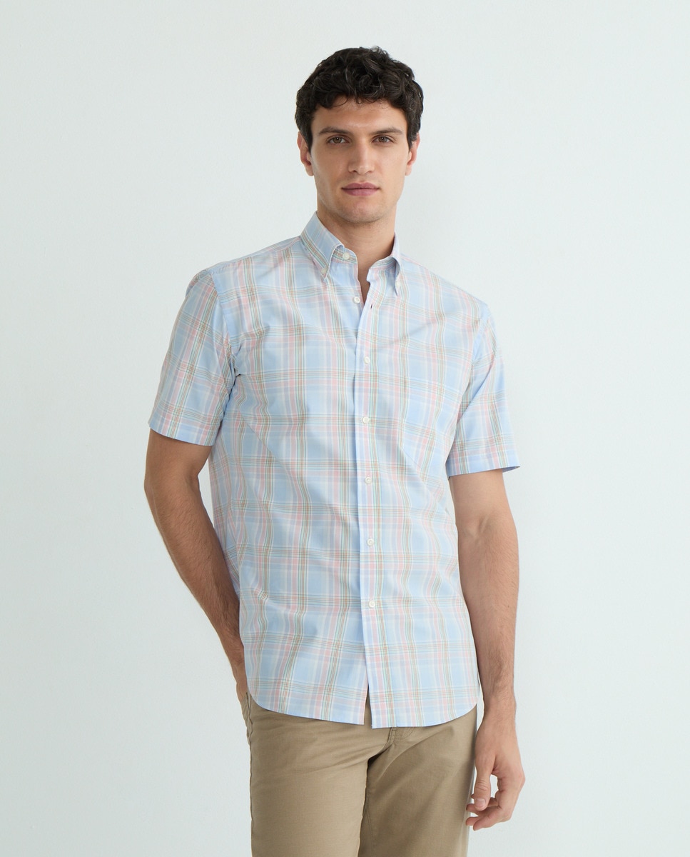 Camisa Casual de Manga Curta e aos Quadrados Azul-claro-1