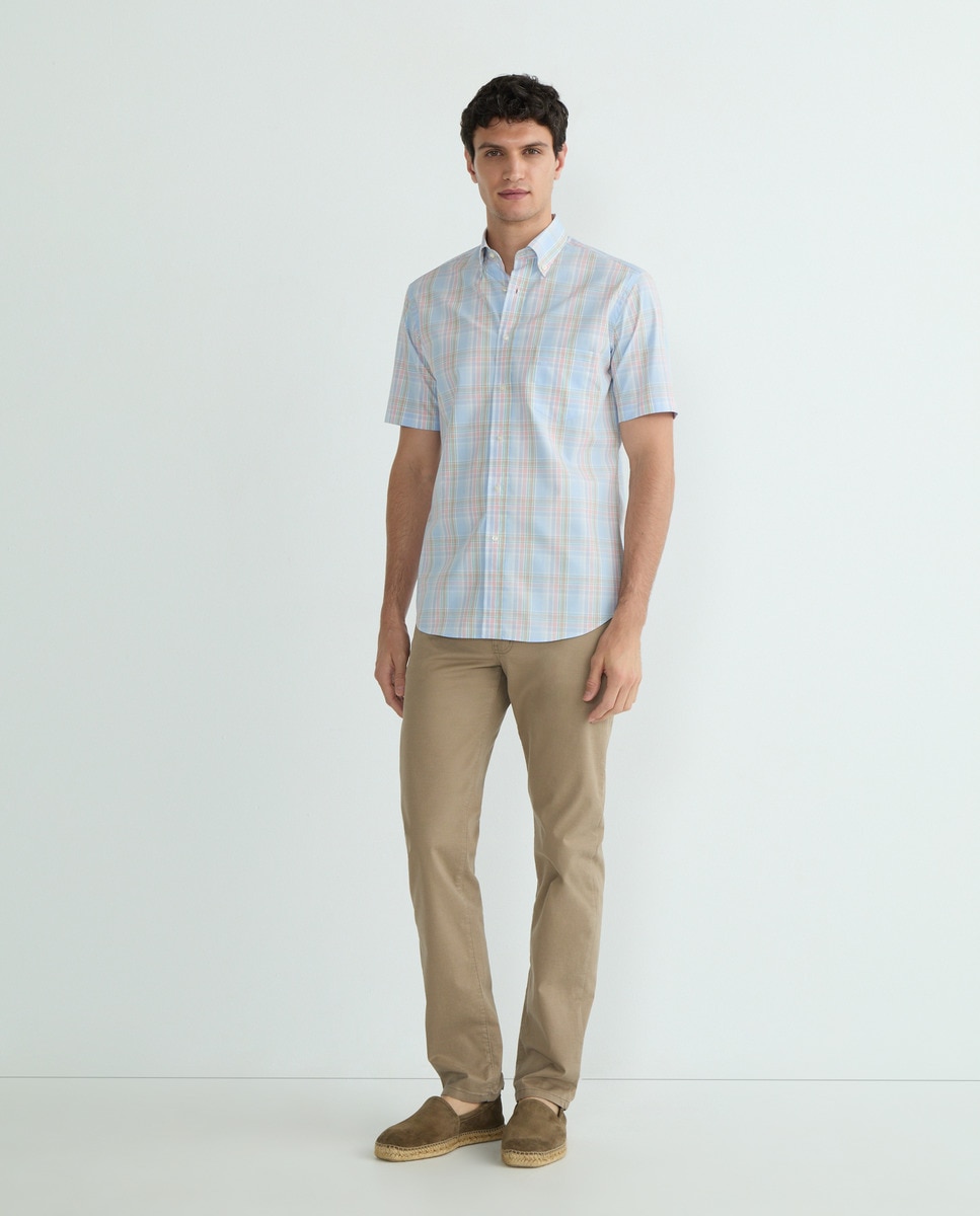 Camisa Casual de Manga Curta e aos Quadrados Azul-claro-2