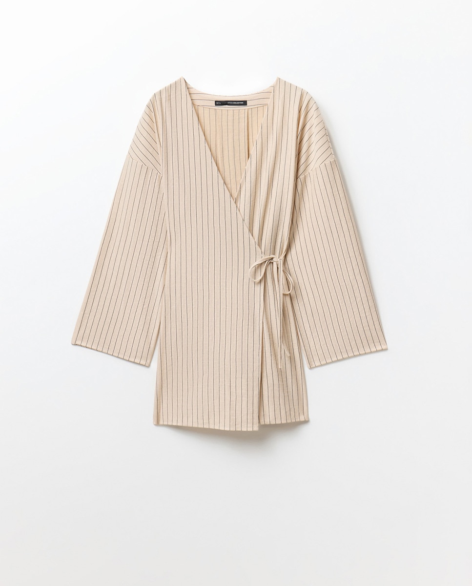 Kimono com Efeito de Linho Bege-6