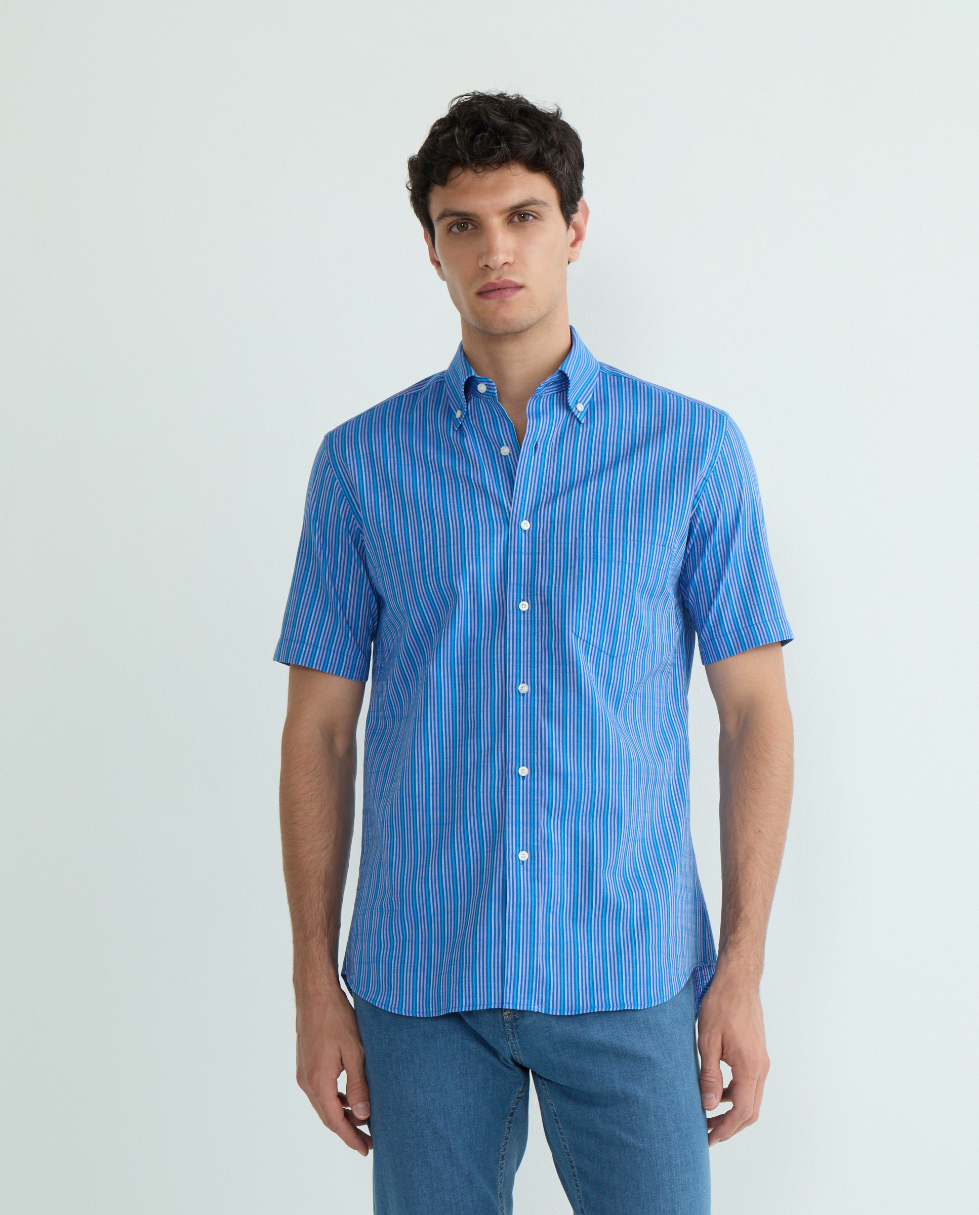 Camisa Casual às Riscas com Manga Curta Tamanhos Grandes Azul-índigo-2