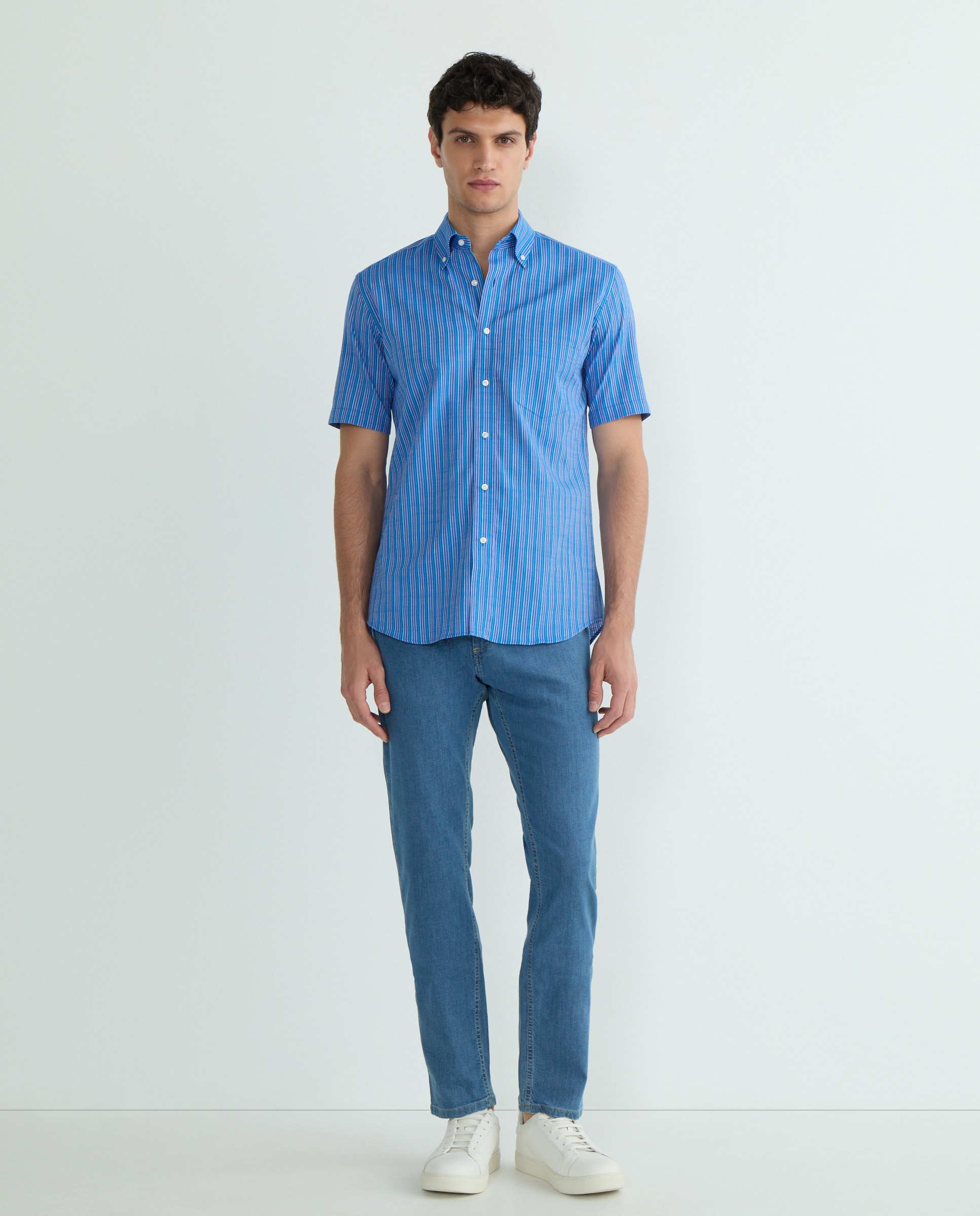 Camisa Casual às Riscas com Manga Curta Tamanhos Grandes Azul-índigo-1