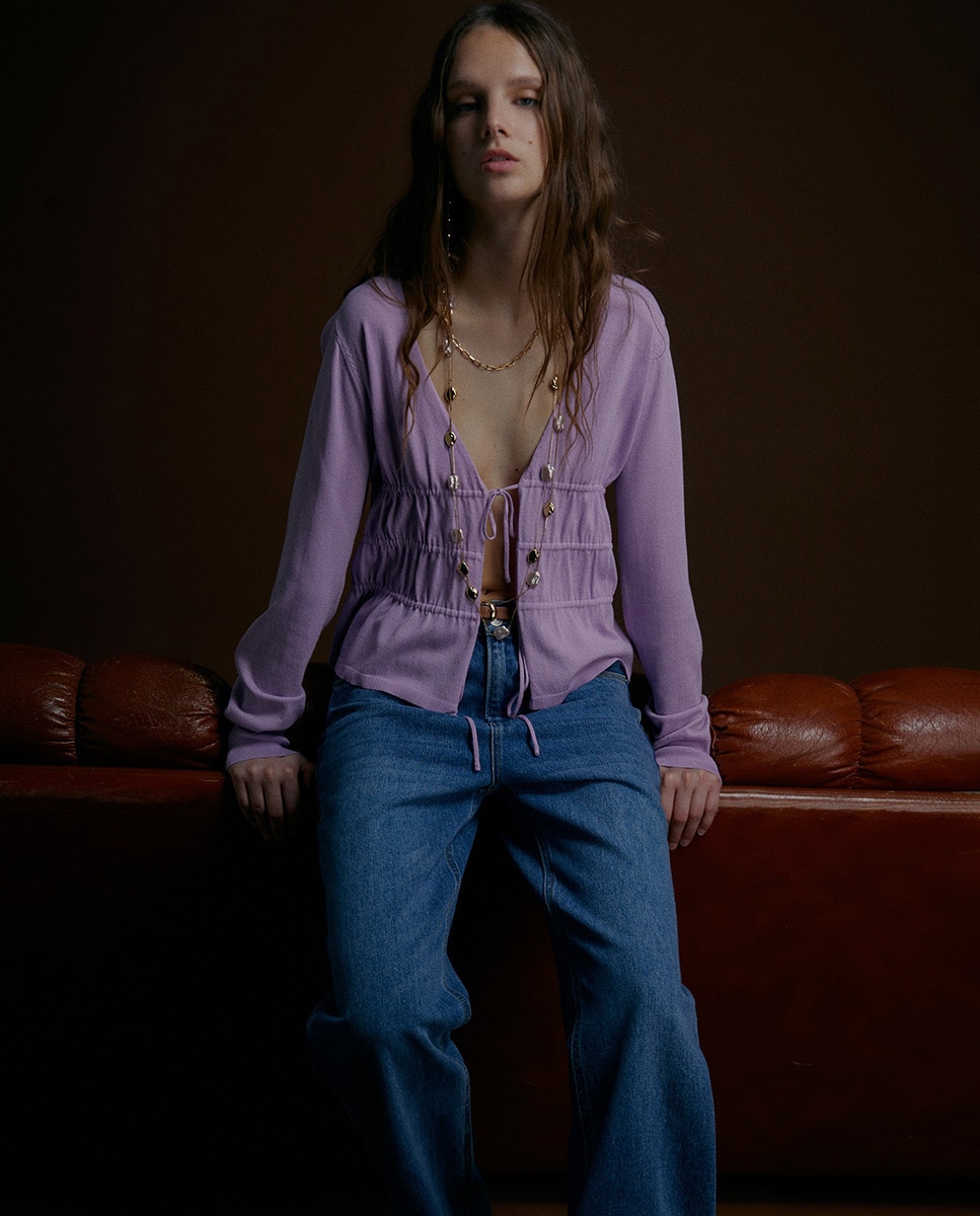 Camisola de Malha com Túneis e Laço Lilás-4