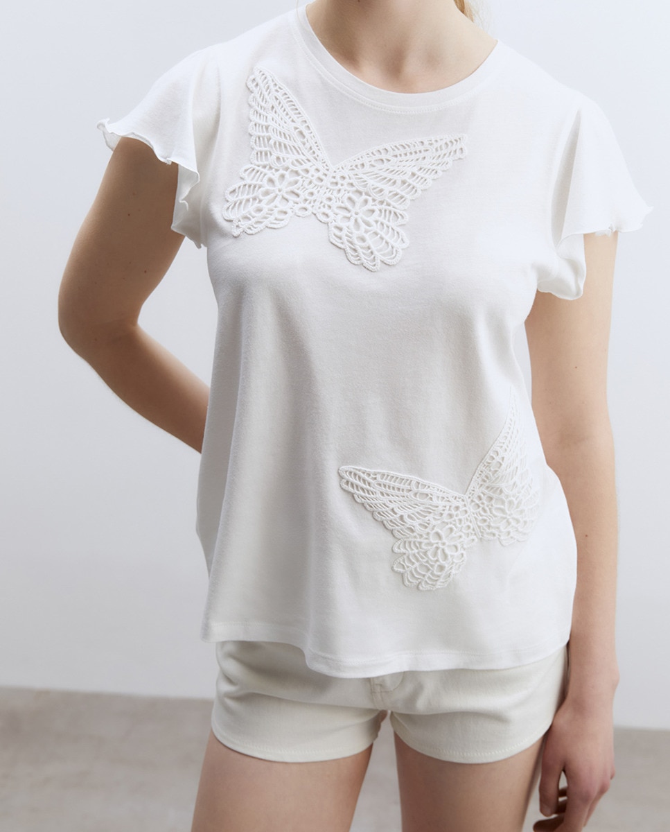 T-shirt com Detalhe Floral Branco-3