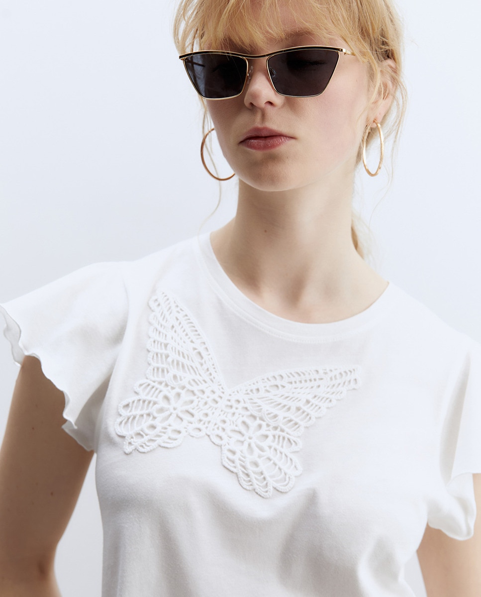 T-shirt com Detalhe Floral Branco-2