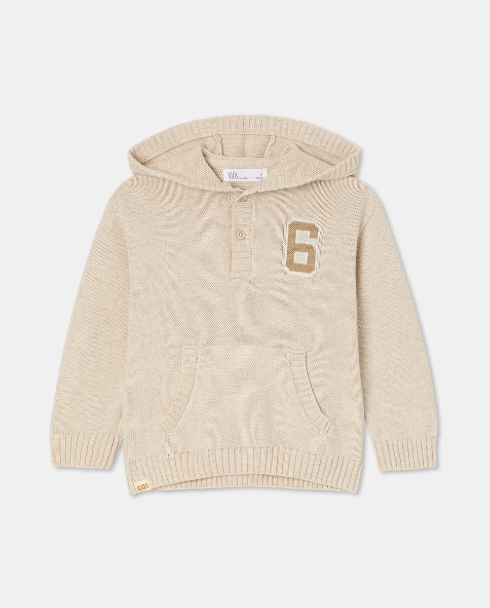 Camisola de Malha de Intársia com Capuz Branco-4