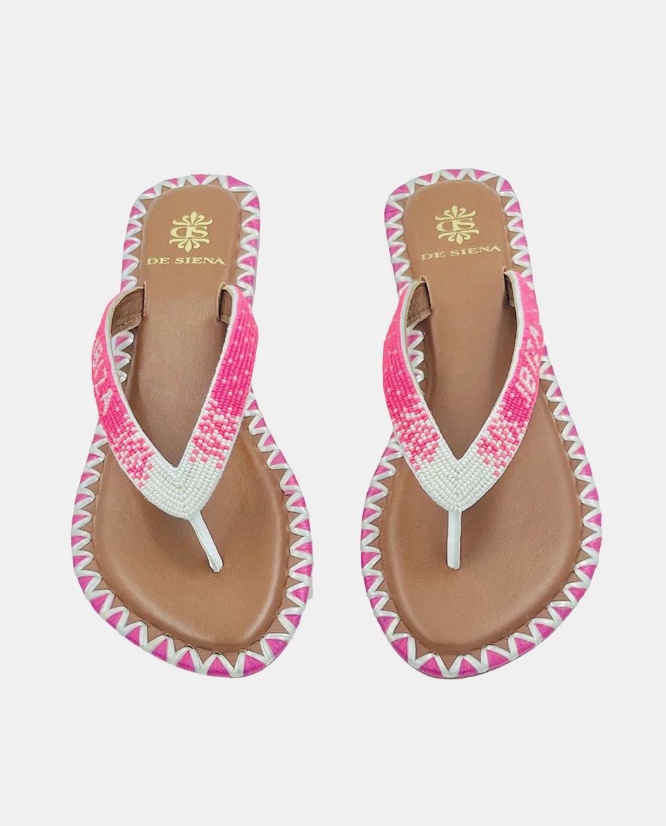 Sandálias Rasas de Dedo em Algodão com Atacadores de Missangas Fúcsia-3