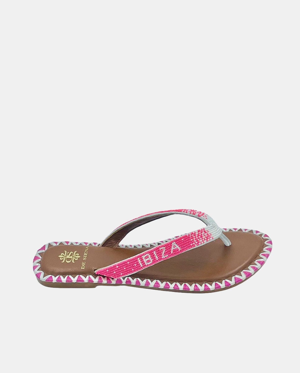 Sandálias Rasas de Dedo em Algodão com Atacadores de Missangas Fúcsia-1