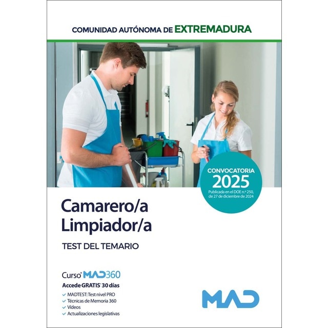 Imagen 0 de Camarero/a-Limpiador/a de la Administración de la Comunidad Autónoma de Extremadura (Personal Laboral Grupo V). Test  (Tapa blanda)