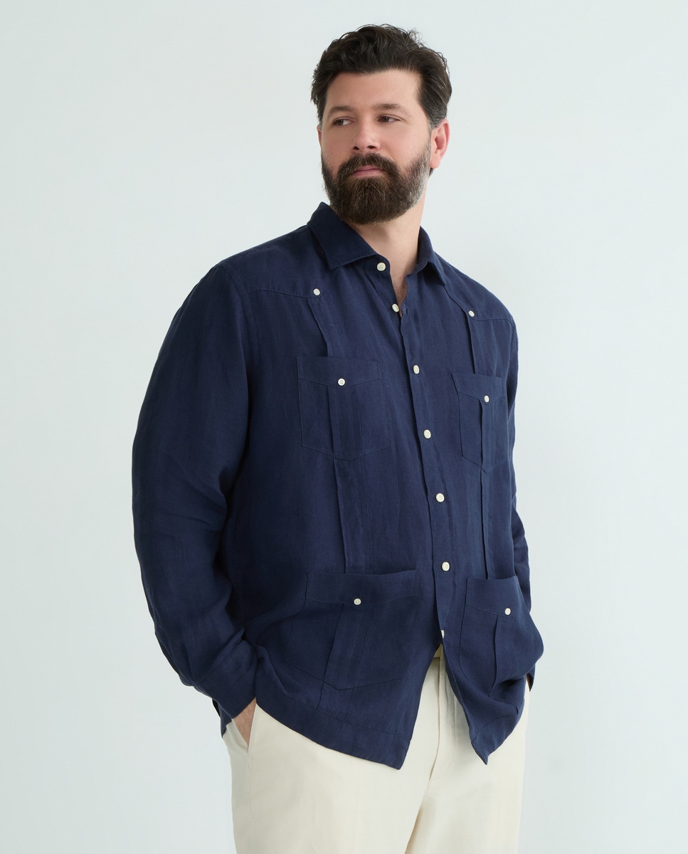 Guayabera 100% Linho Lisa com Manga Comprida Tamanhos Grandes Celeste-1