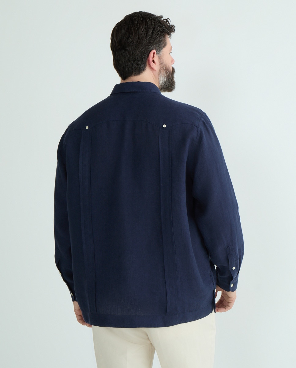 Guayabera 100% Linho Lisa com Manga Comprida Tamanhos Grandes Celeste-3