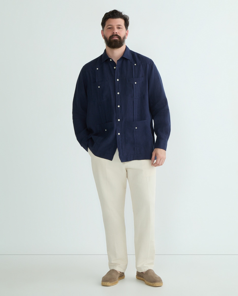 Guayabera 100% Linho Lisa com Manga Comprida Tamanhos Grandes Celeste-2