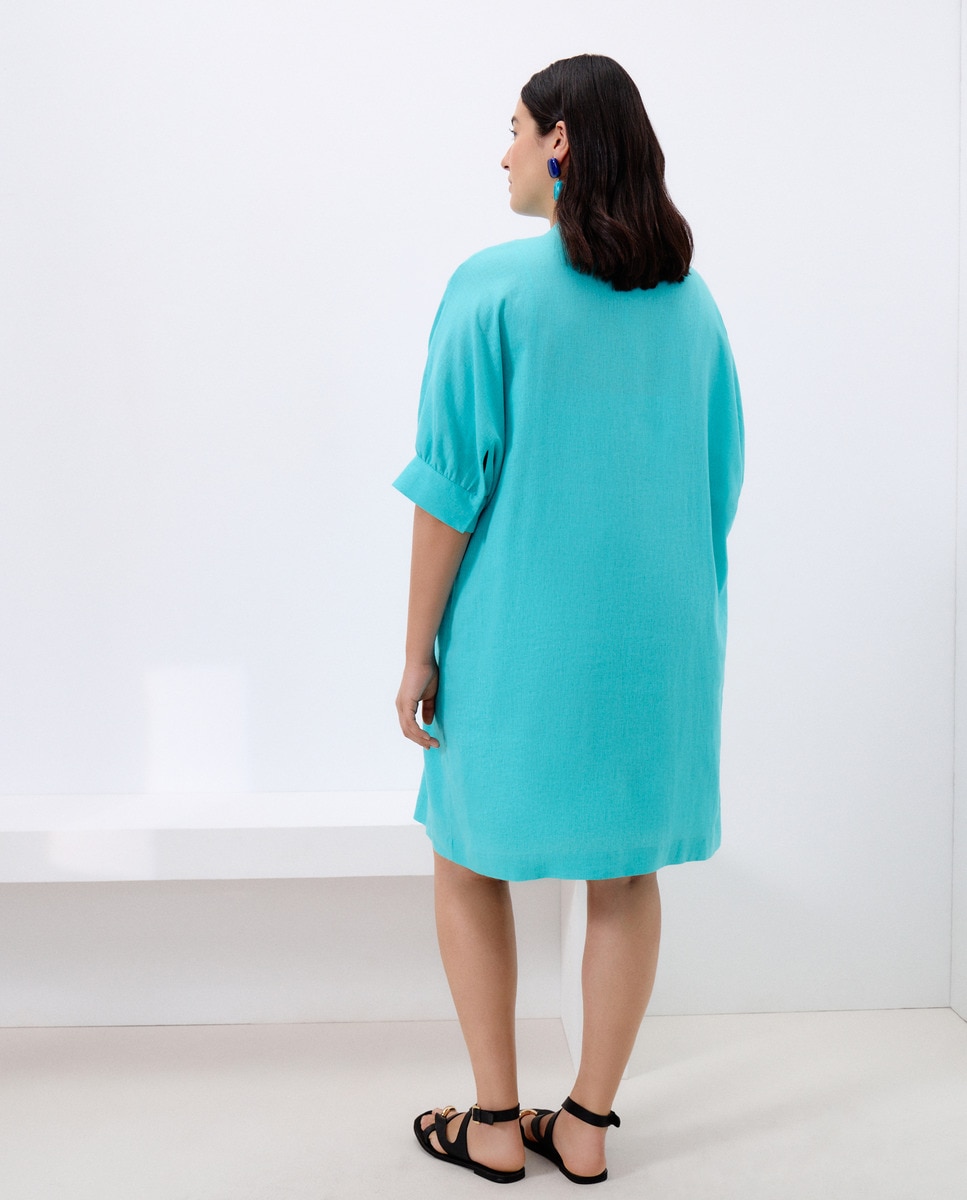 Vestido em Mistura de Linho com Manga Curta 450 Turquesa-3