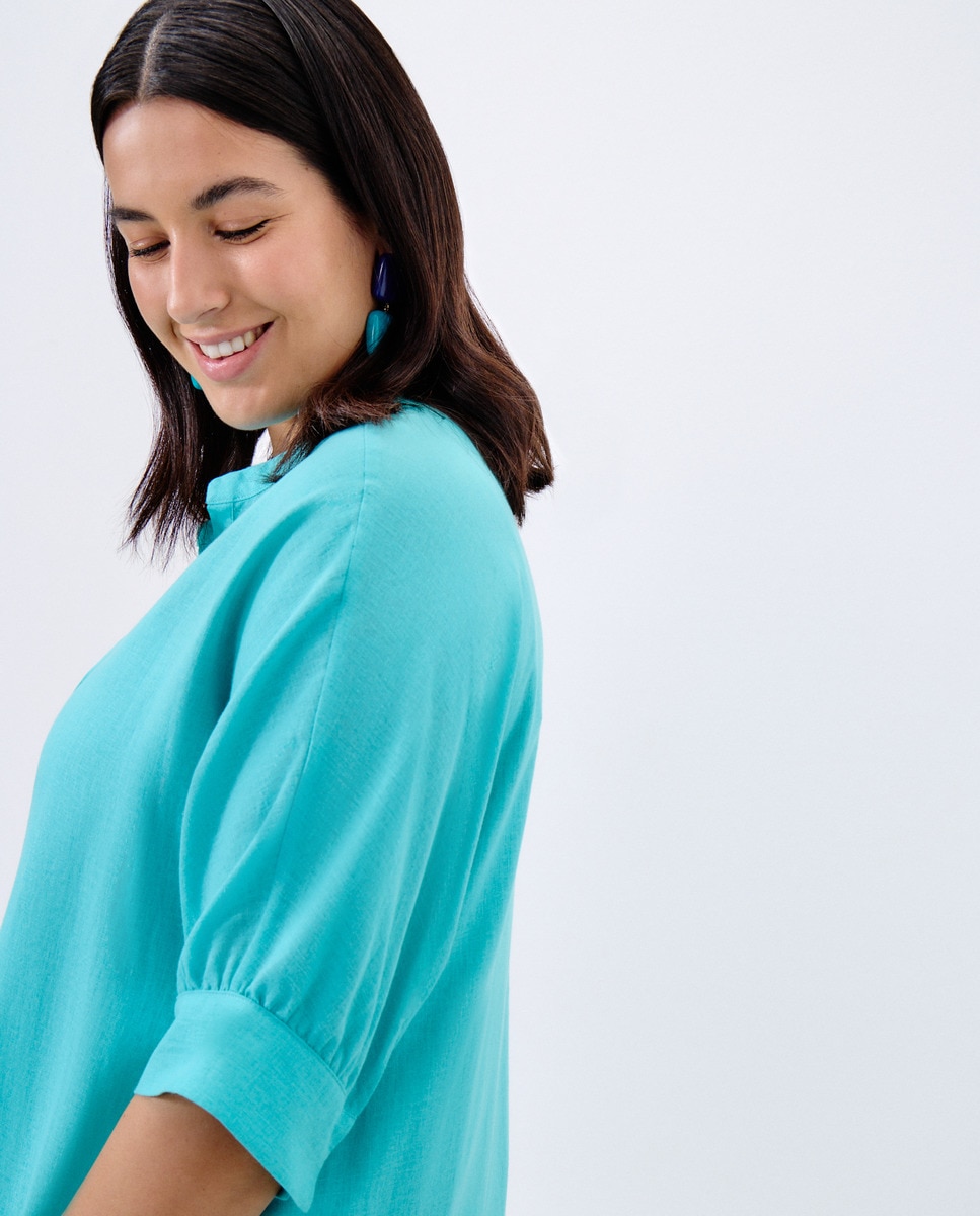 Vestido em Mistura de Linho com Manga Curta 450 Turquesa-2