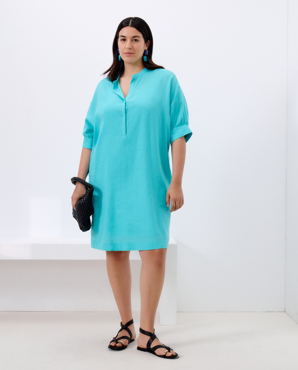 Vestido em Mistura de Linho com Manga Curta 450 Turquesa-1