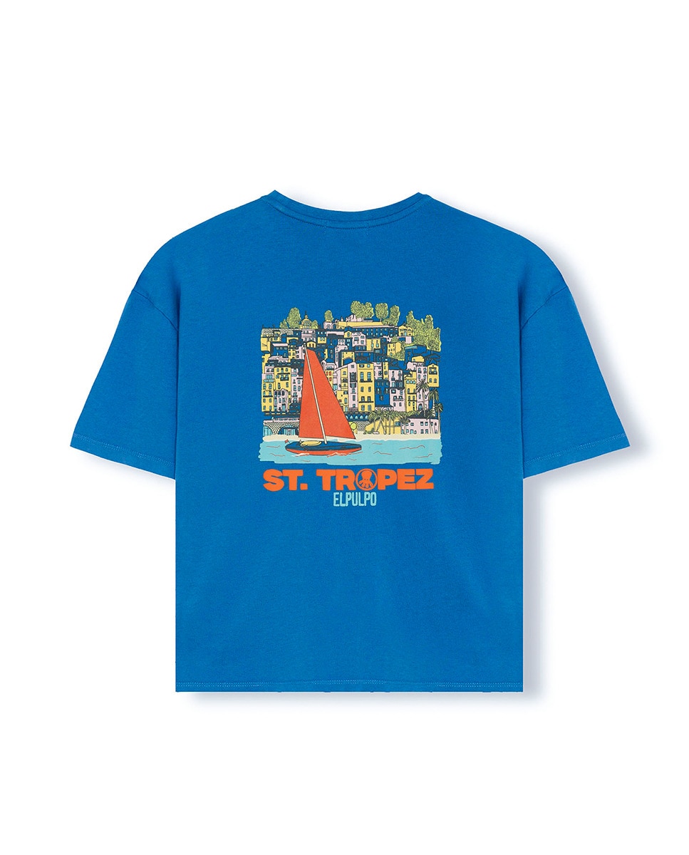T-shirt Oversize com Estampado e Manga Curta Azul-5