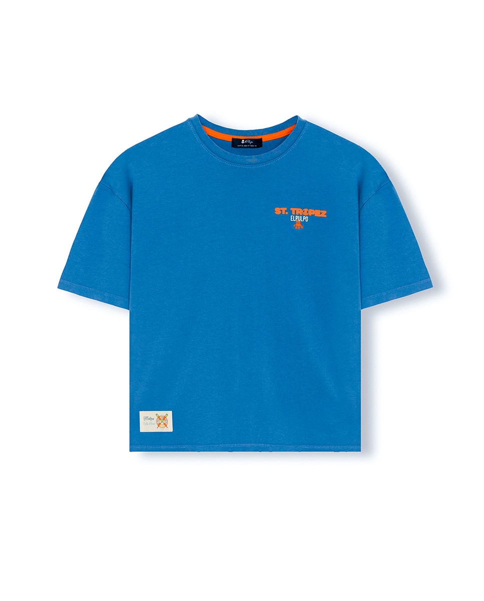 T-shirt Oversize com Estampado e Manga Curta Azul-1