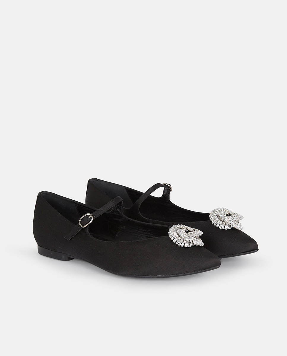 Sapatos de Presilha Knot de Cetim com Adorno de Cristais Preto-2