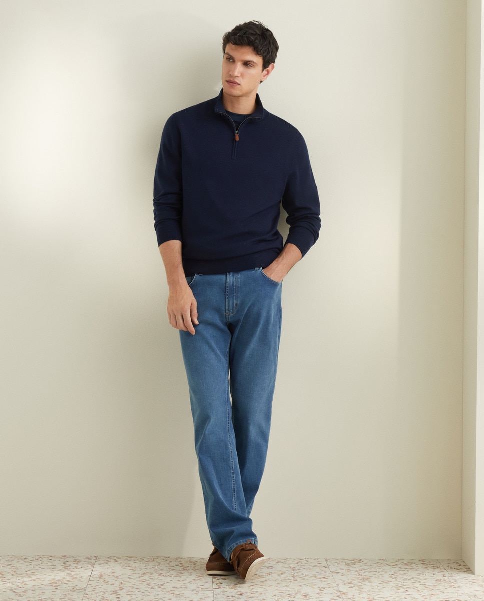 Camisola de Malha 100% Merino Lisa com Gola Semi Cisne com Fecho de Correr Azul-marinho-2