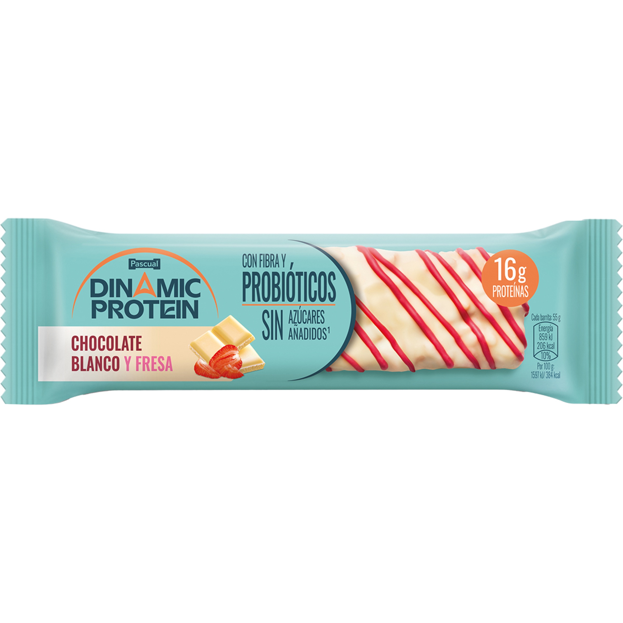 Barrita de proteínas de chocolate blanco y fresa con probióticos unidad 55 g sin azúcares añadidos