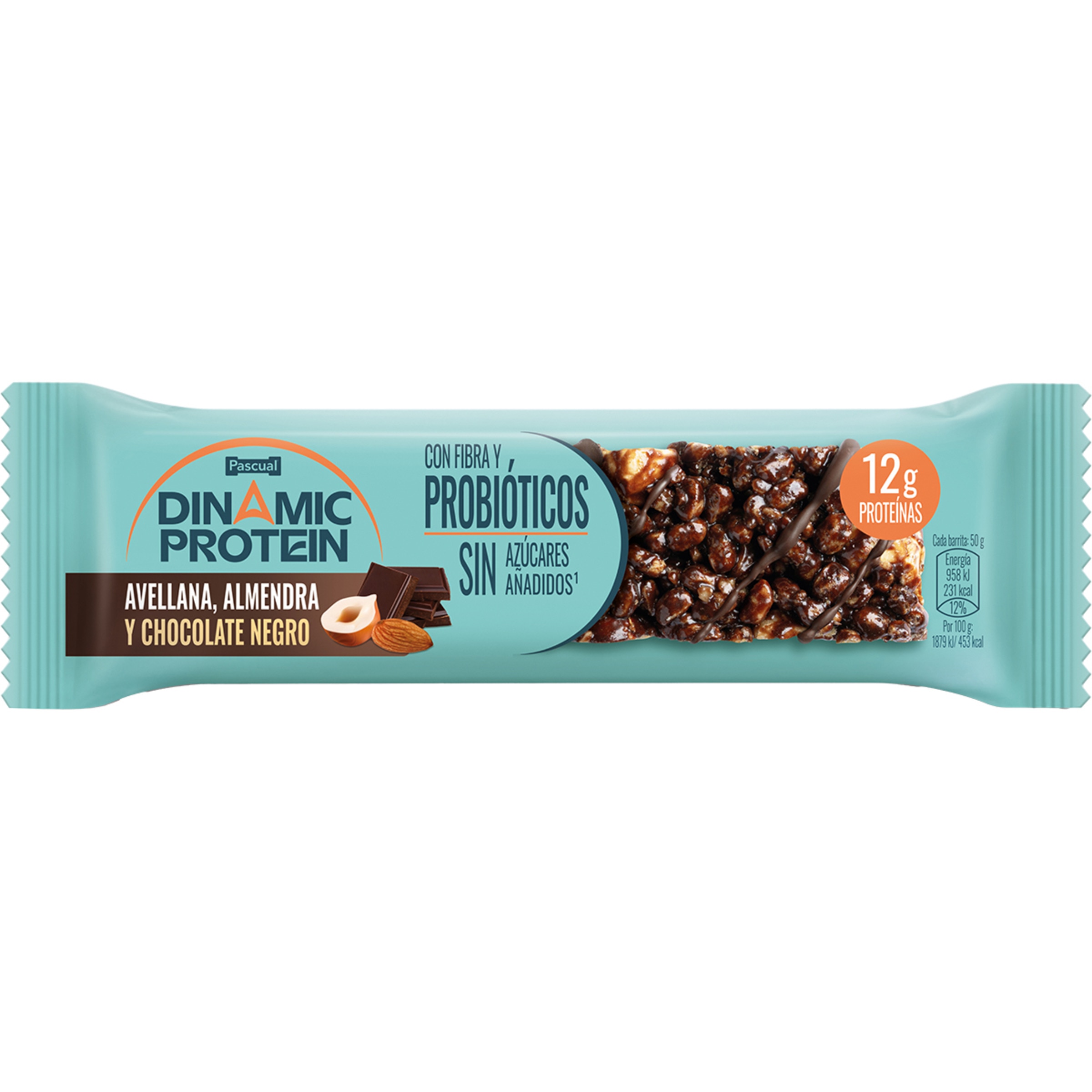 barrita de proteínas de chocolate negro con frutos secos y probióticos unidad 50 g sin azúcares añadidos