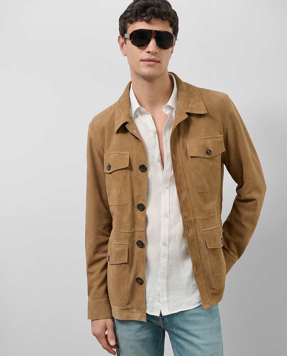 Casaco Safari de Camurça Castanho-claro-1