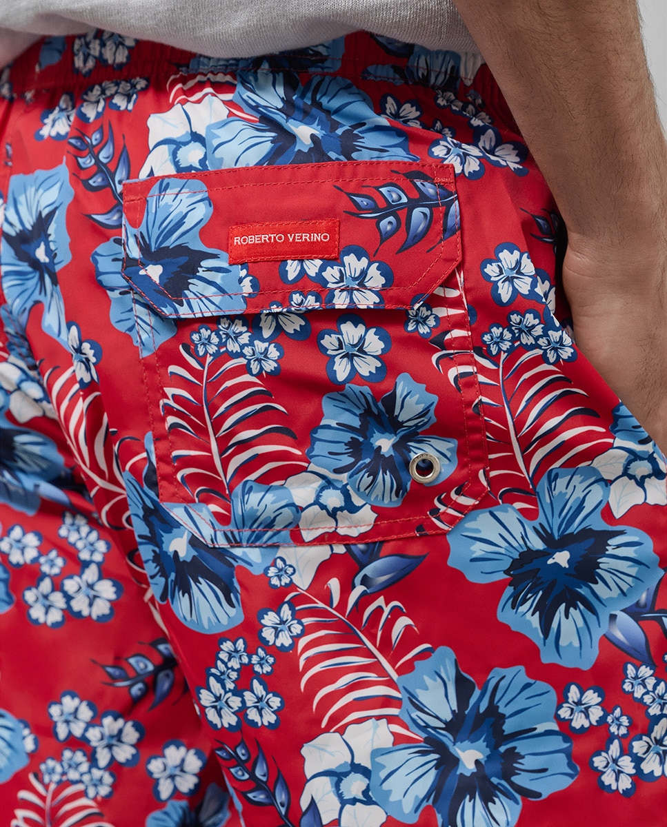 Calções de Banho com Estampado Floral Vermelho-3