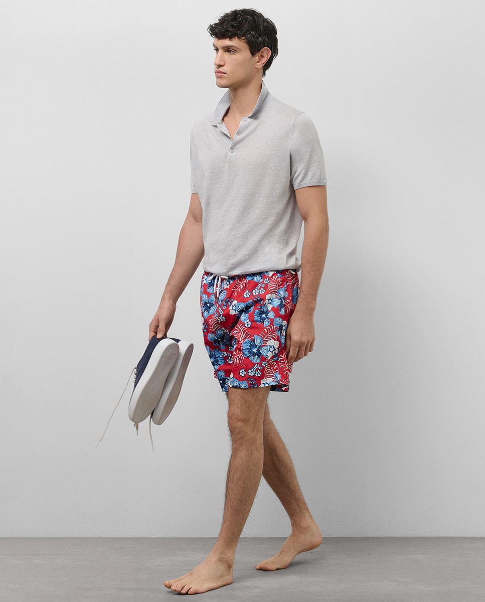 Calções de Banho com Estampado Floral Vermelho-2