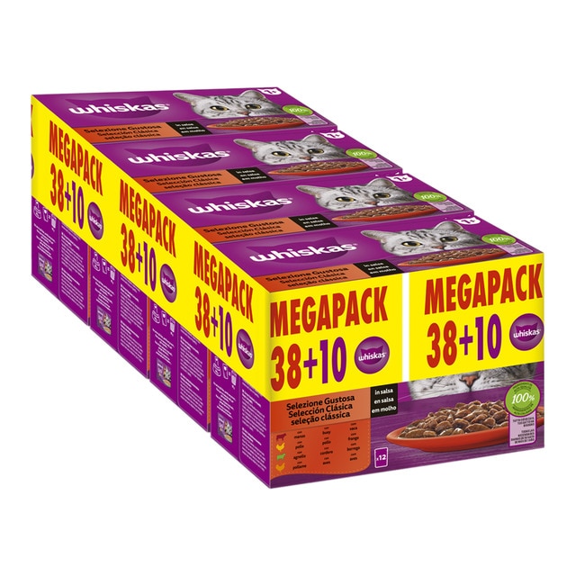 Imagen 0 de Comida húmeda para gatos + 1año Whiskas selección clásicos buey pollo cordero y aves 48 x 85 g