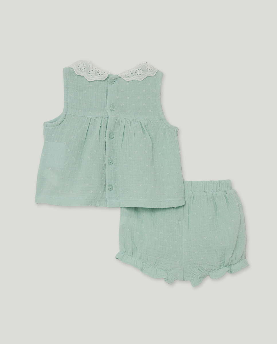 Pijama Curto de Bebé com Plumetti e Renda Verde-2