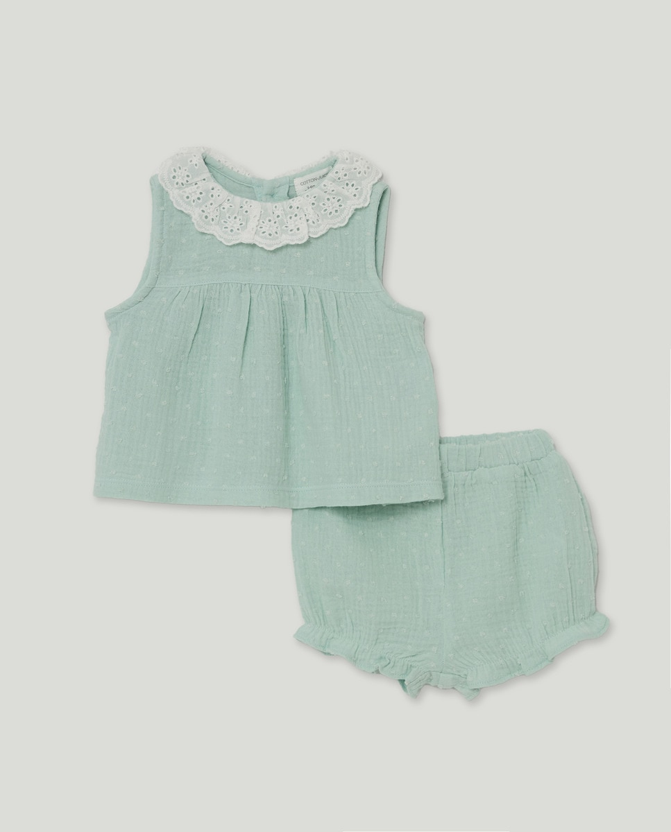 Pijama Curto de Bebé com Plumetti e Renda Verde-1