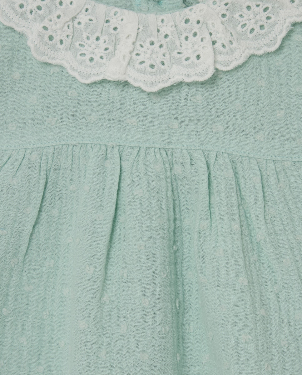 Pijama Curto de Bebé com Plumetti e Renda Verde-3