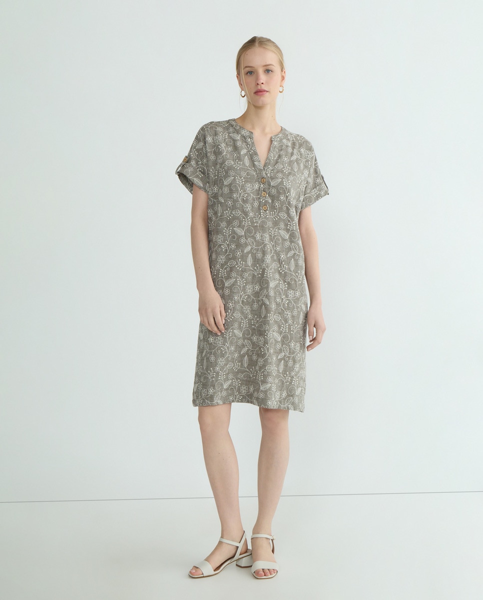 Vestido Bordado com Manga Curta Verde-militar-1