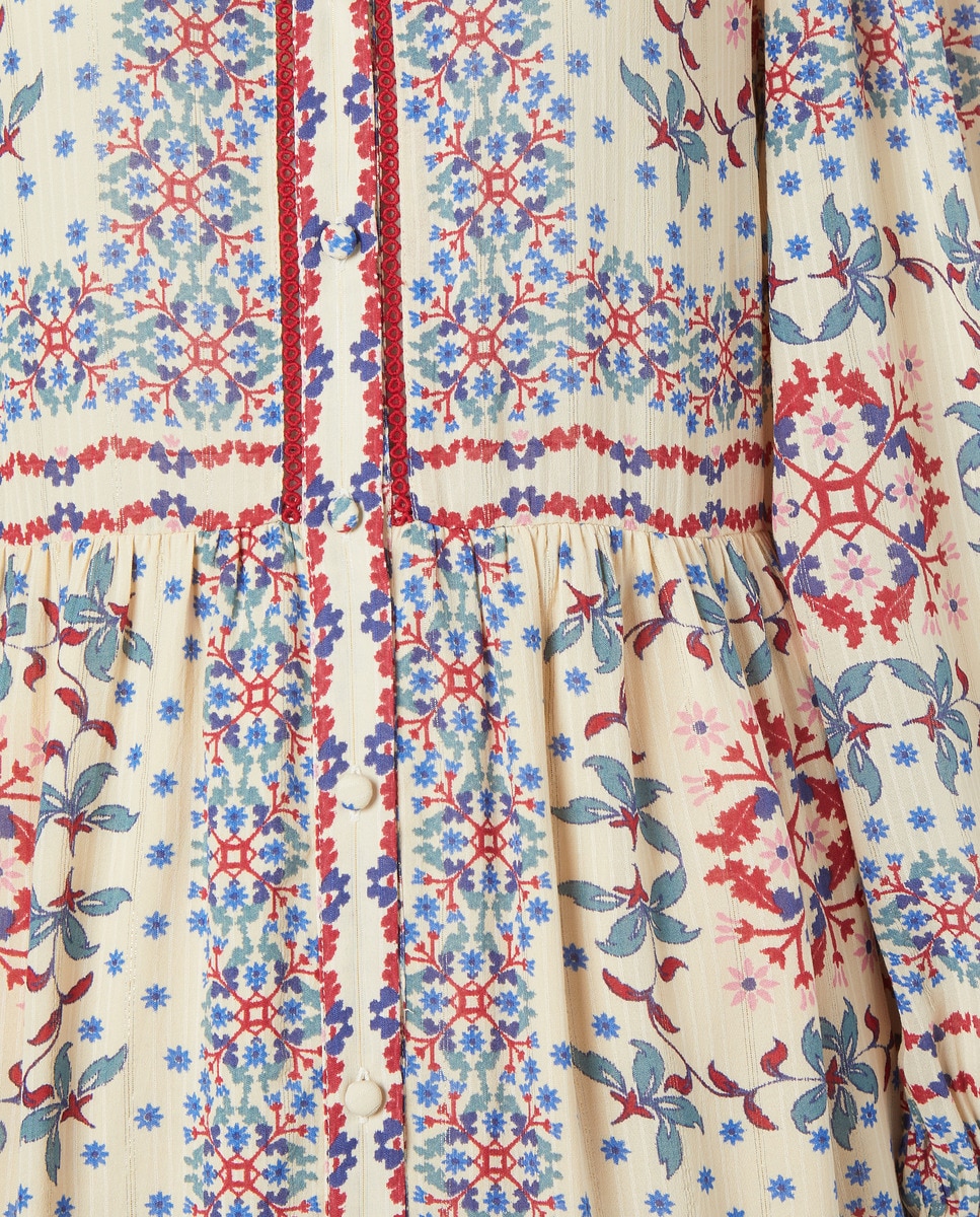 Vestido Midi com Estampado de Lenço e Manga Comprida Branco-5