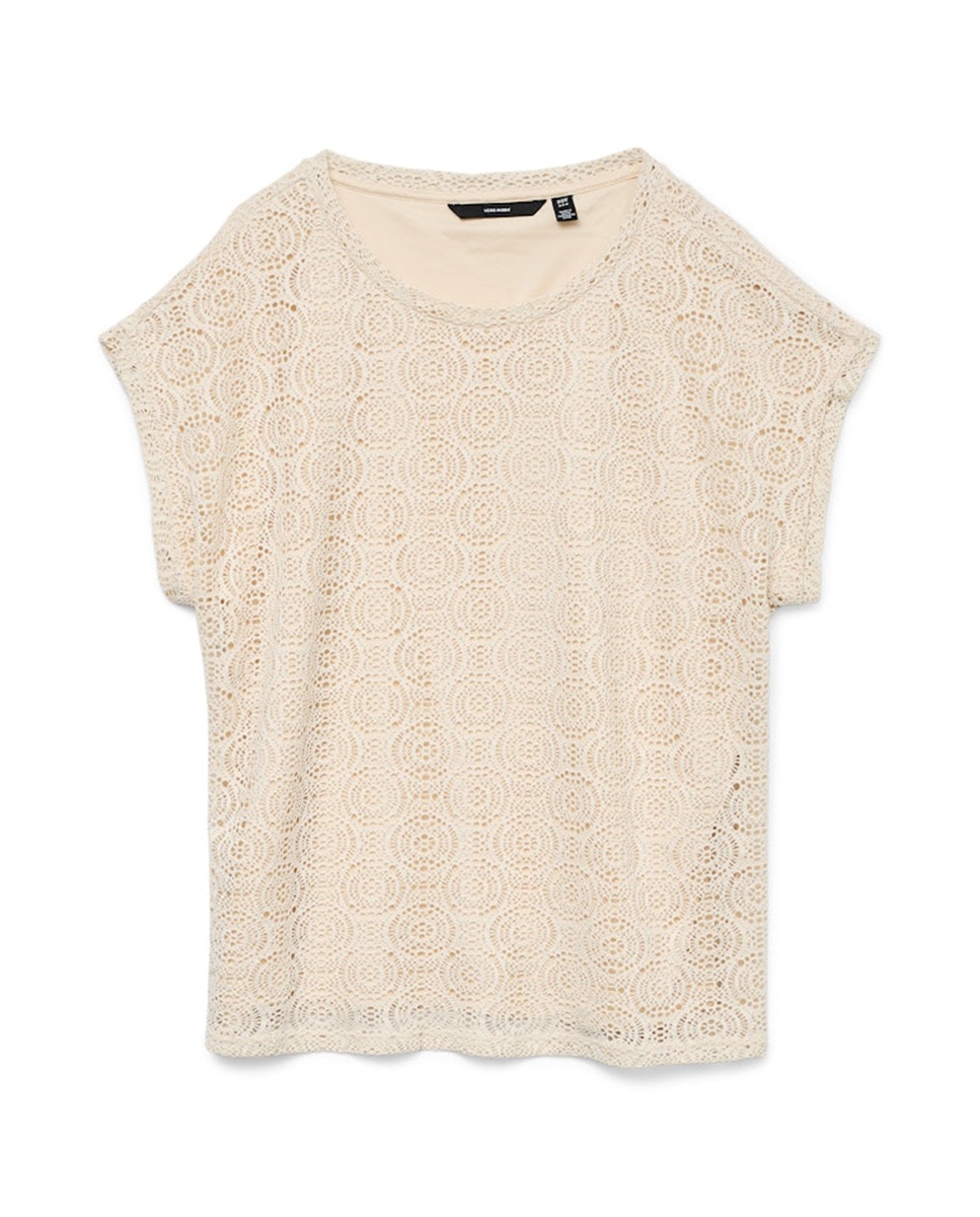 T-shirt com Desenho de Crochet e Manga Curta Branco-5