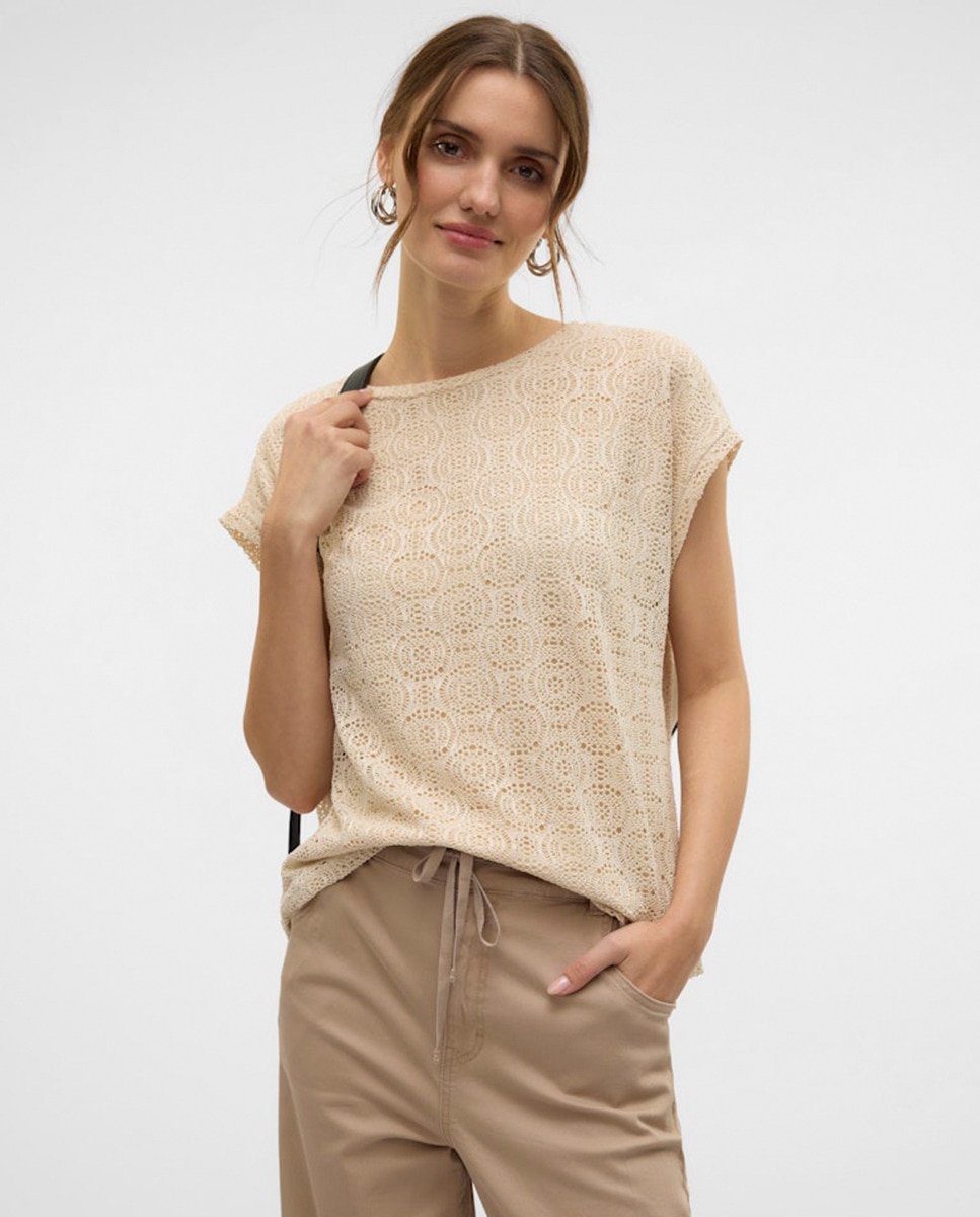 T-shirt com Desenho de Crochet e Manga Curta Branco-4