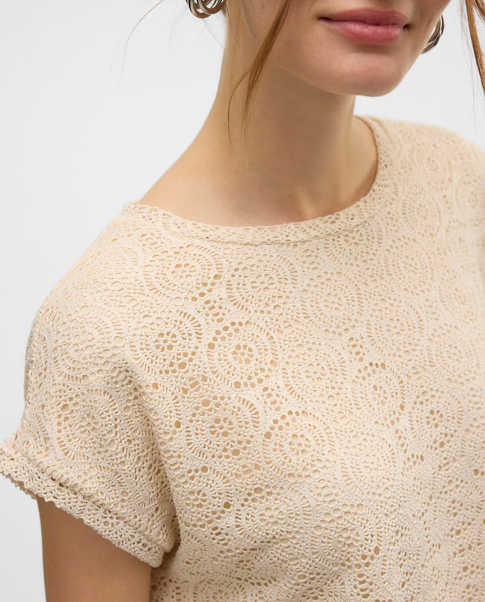 T-shirt com Desenho de Crochet e Manga Curta Branco-3
