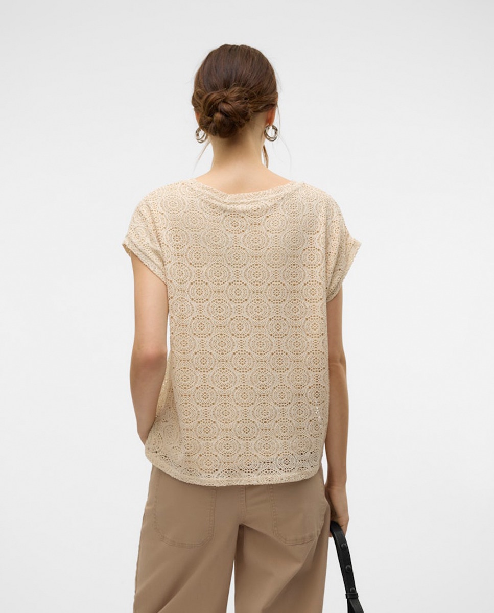 T-shirt com Desenho de Crochet e Manga Curta Branco-2