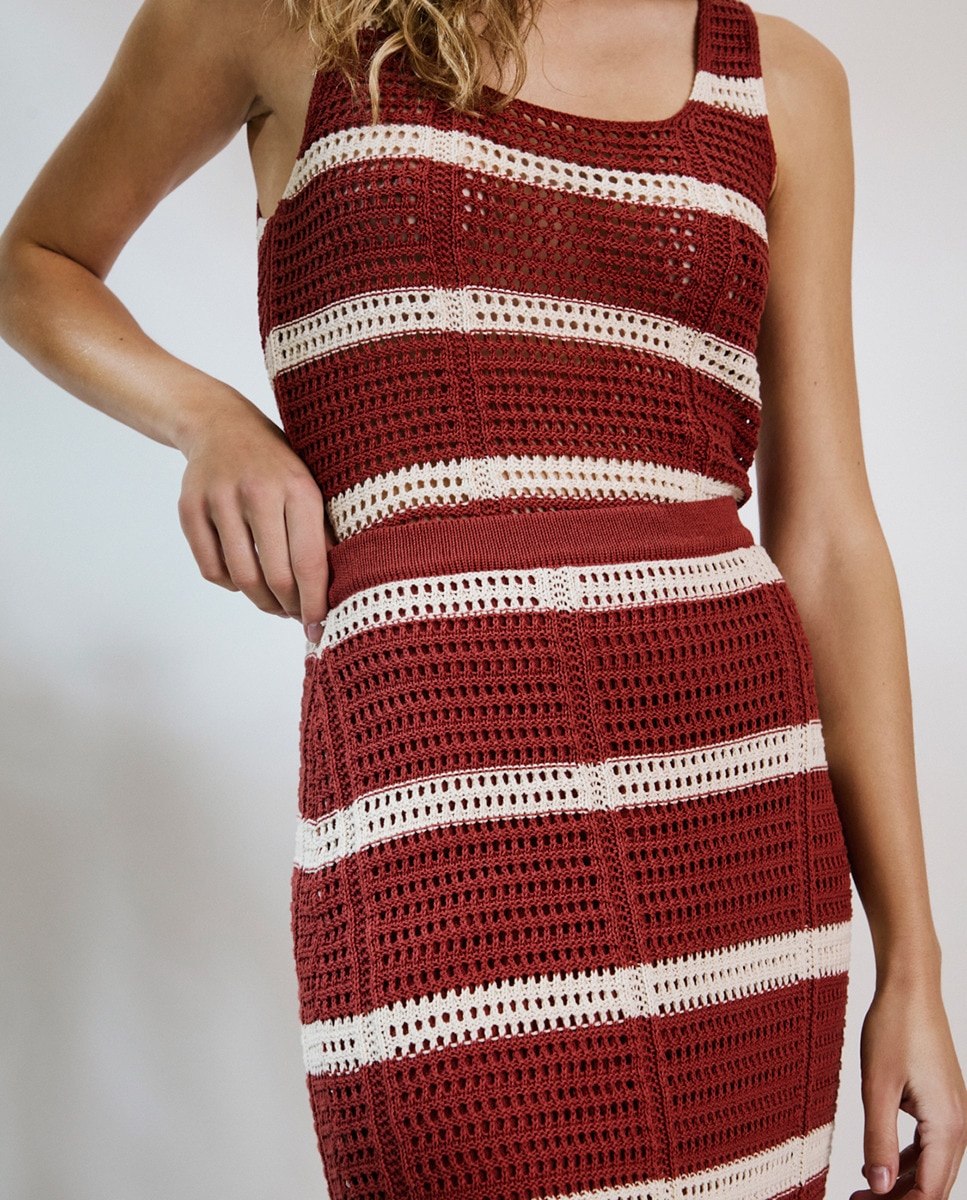Saia de Malha de Crochet Vermelho-4