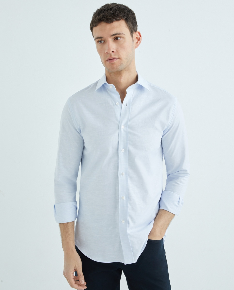 Camisa Casual Lisa com Manga Comprida Azul-claro-1