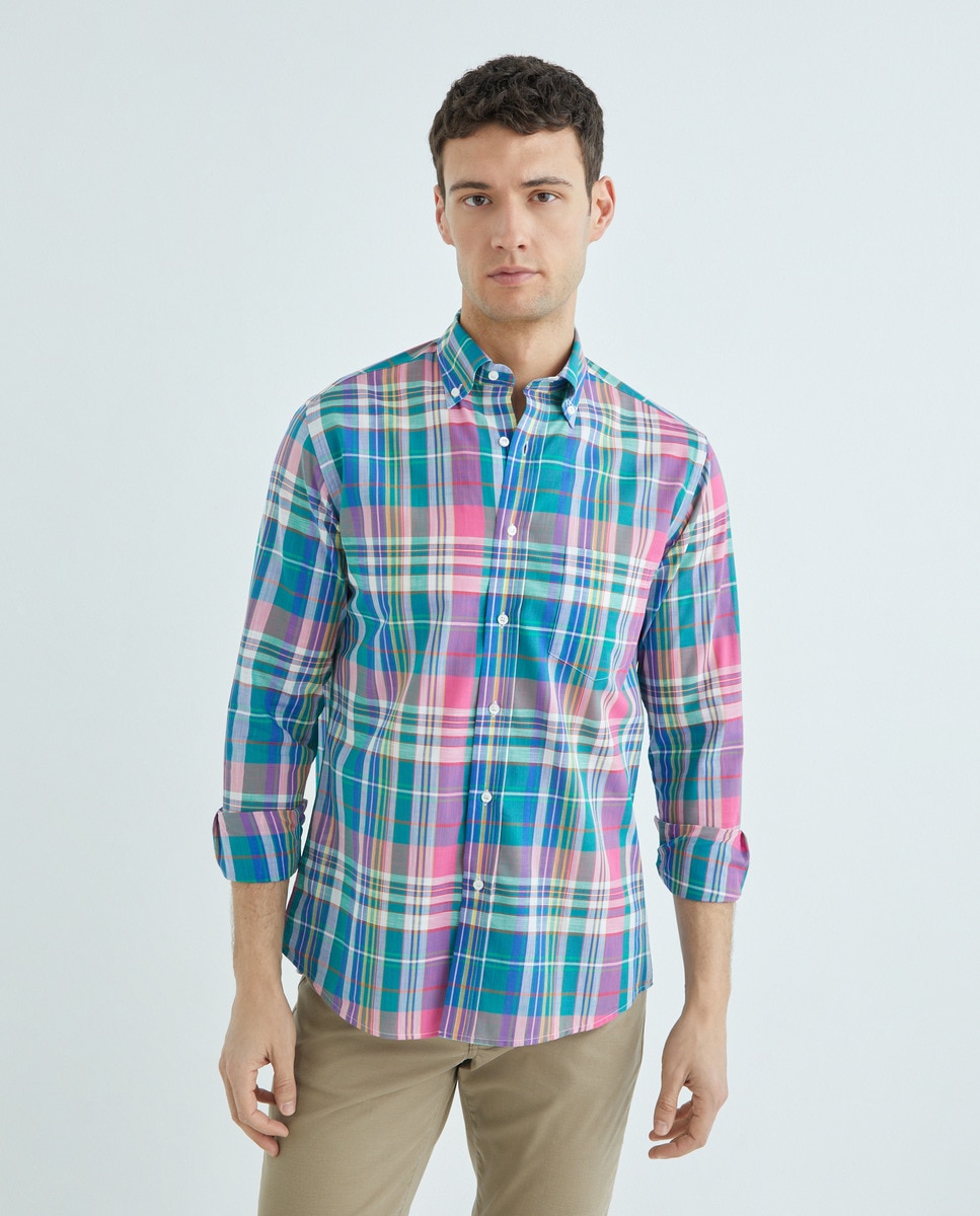 Camisa Casual de Manga Comprida e aos Quadrados Azul-1
