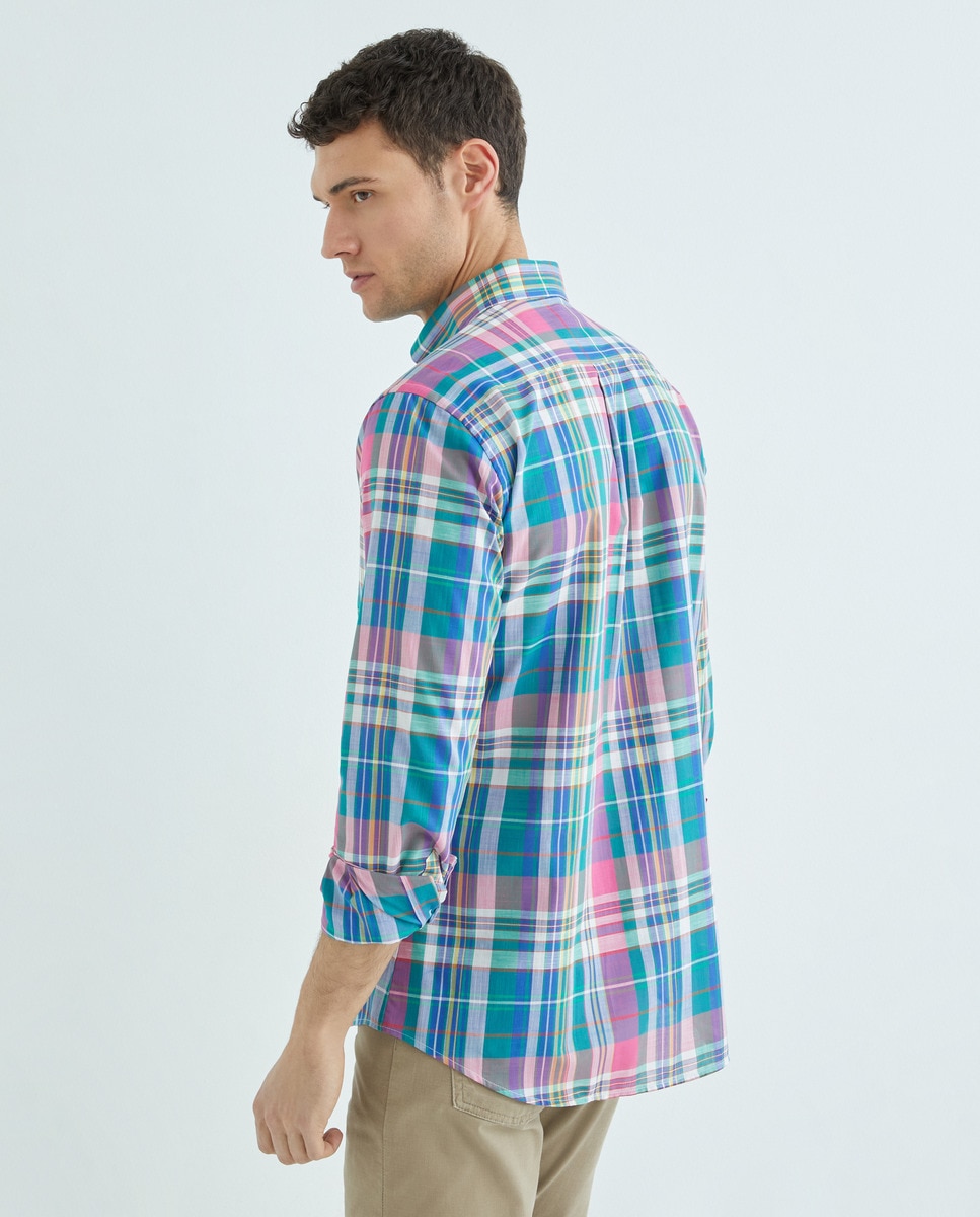Camisa Casual de Manga Comprida e aos Quadrados Azul-3