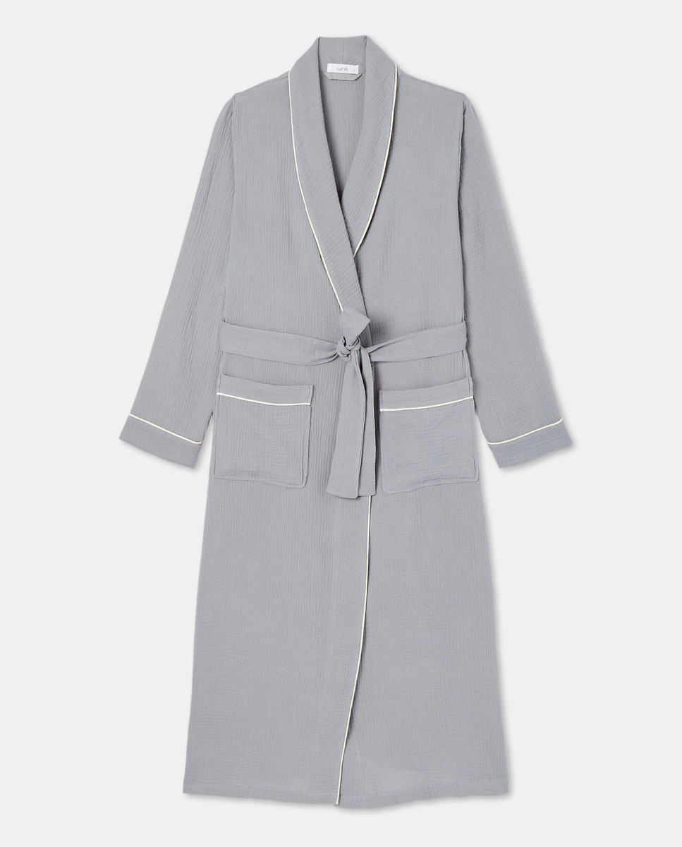 Bata Mujer Algodón Bolsillos Cerúleo-3