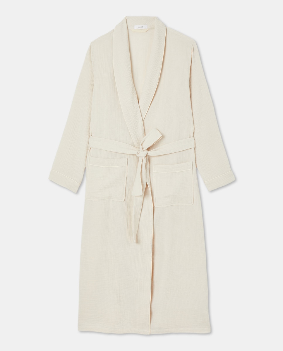 Bata Mujer Algodón Bolsillos Beige-3